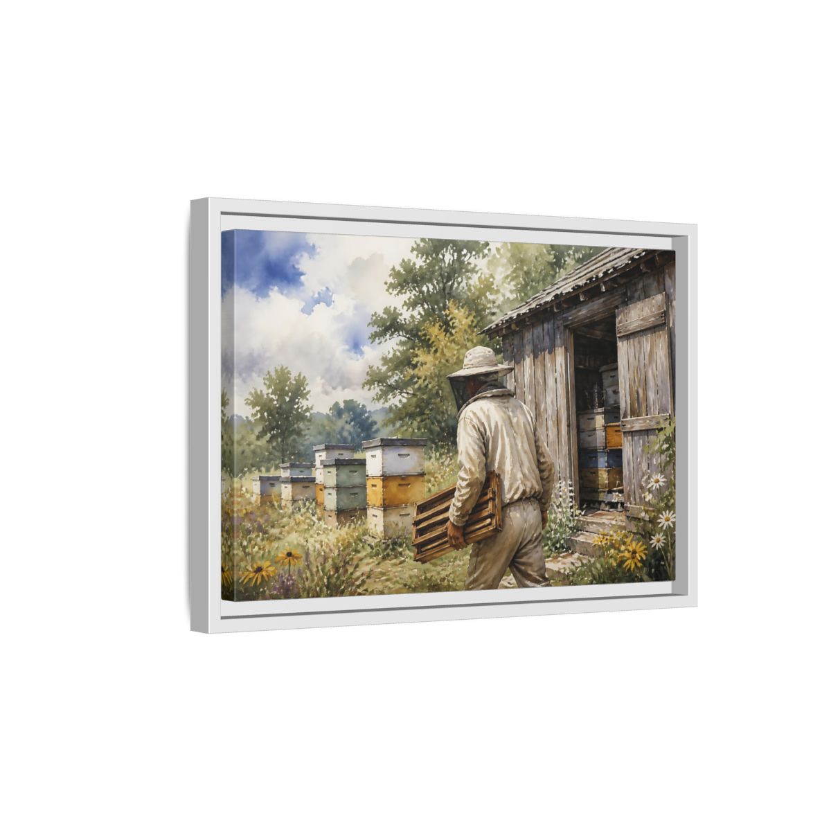 Side Mockup 4. Beekeeper At Honey Shed shown as framed canvas print