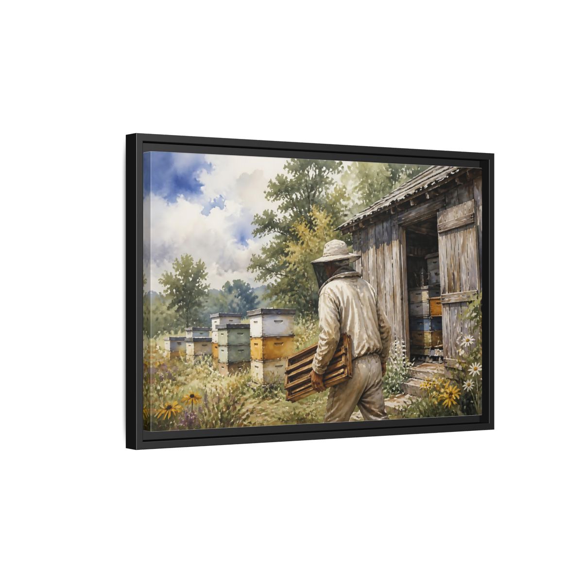 Side Mockup 3. Beekeeper At Honey Shed shown as framed canvas print