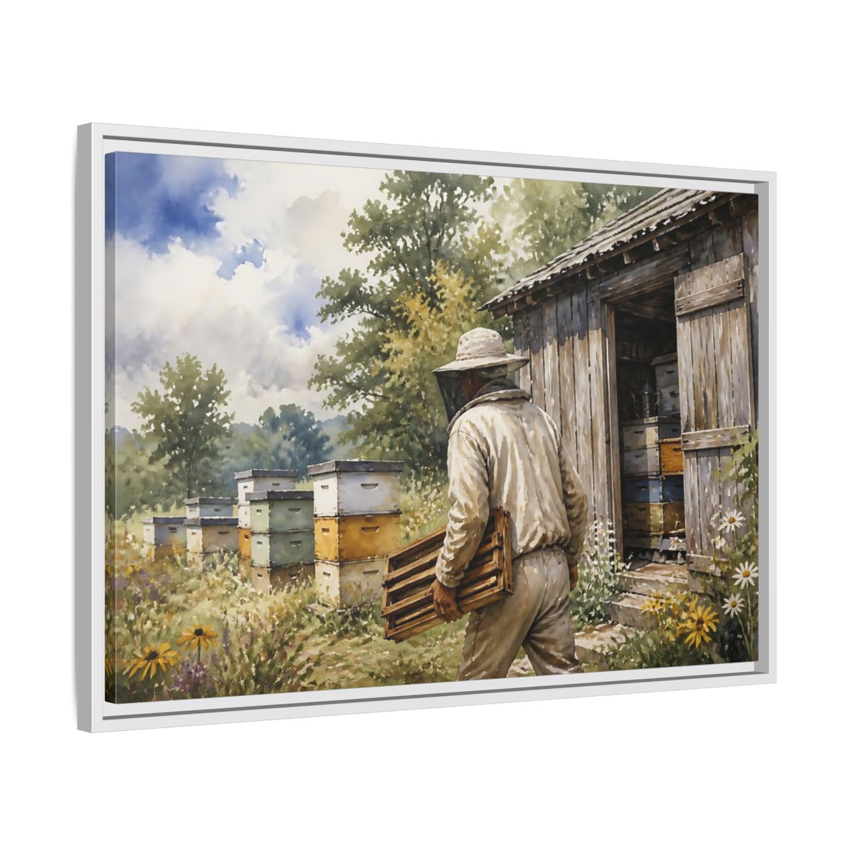 Side Mockup 10. Beekeeper At Honey Shed shown as framed canvas print