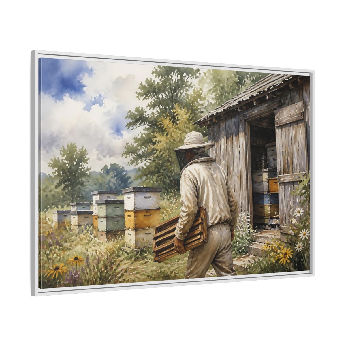 Side Mockup 7. Beekeeper At Honey Shed shown as framed canvas print