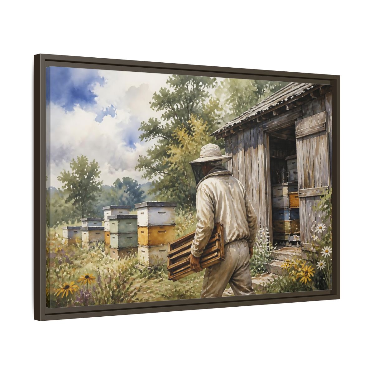 Side Mockup 11. Beekeeper At Honey Shed shown as framed canvas print