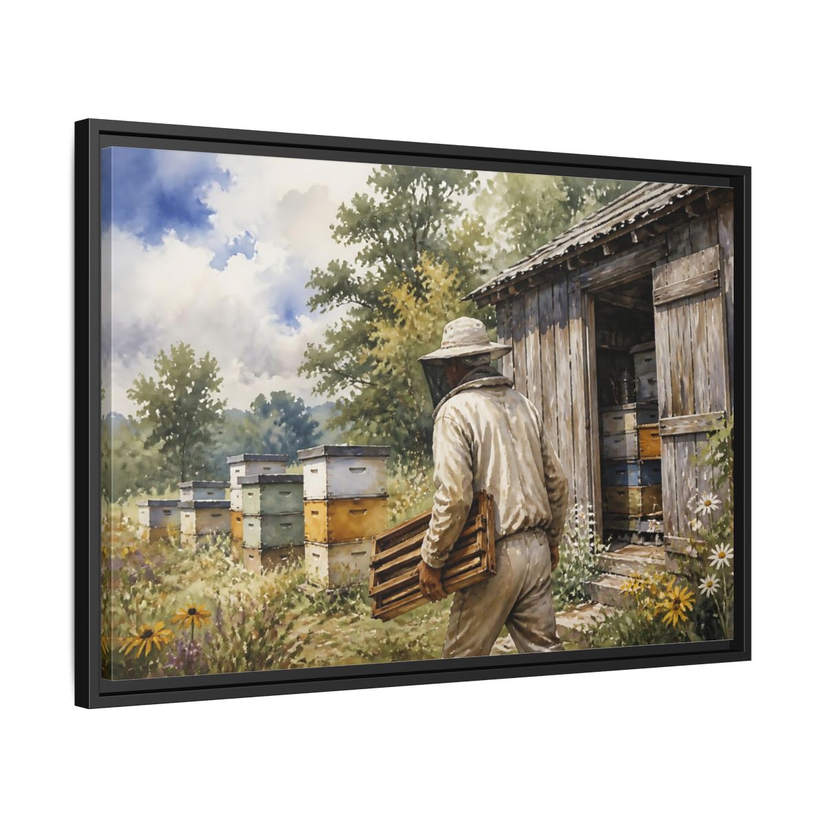 Side Mockup 14. Beekeeper At Honey Shed shown as framed canvas print