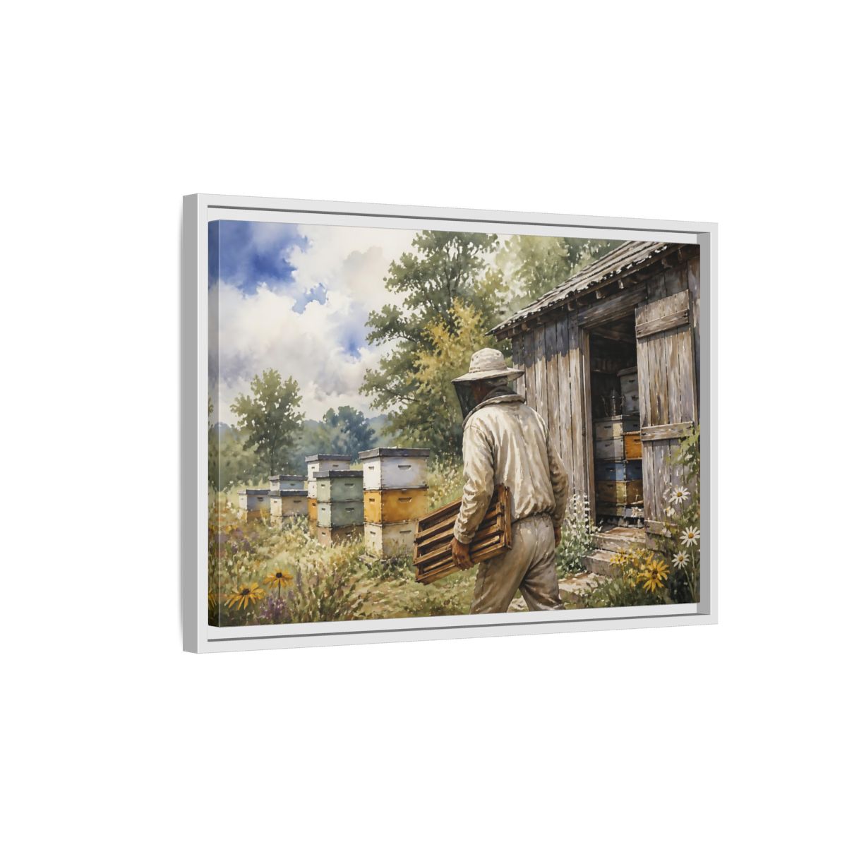 Side Mockup 1. Beekeeper At Honey Shed shown as framed canvas print