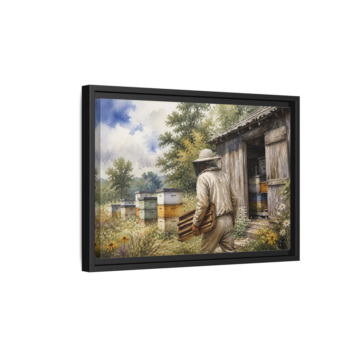 Side Mockup 6. Beekeeper At Honey Shed shown as framed canvas print