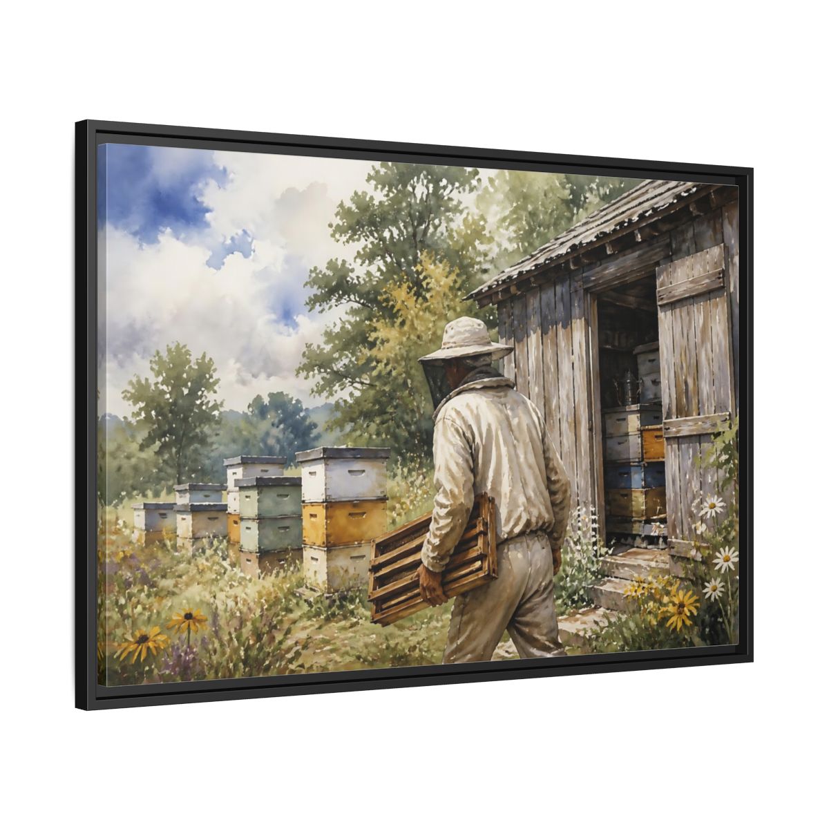 Side Mockup 13. Beekeeper At Honey Shed shown as framed canvas print