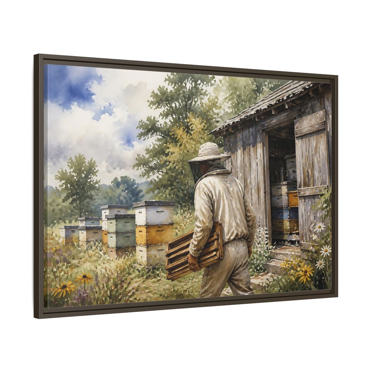 Main Mockup. Beekeeper At Honey Shed shown as framed canvas print