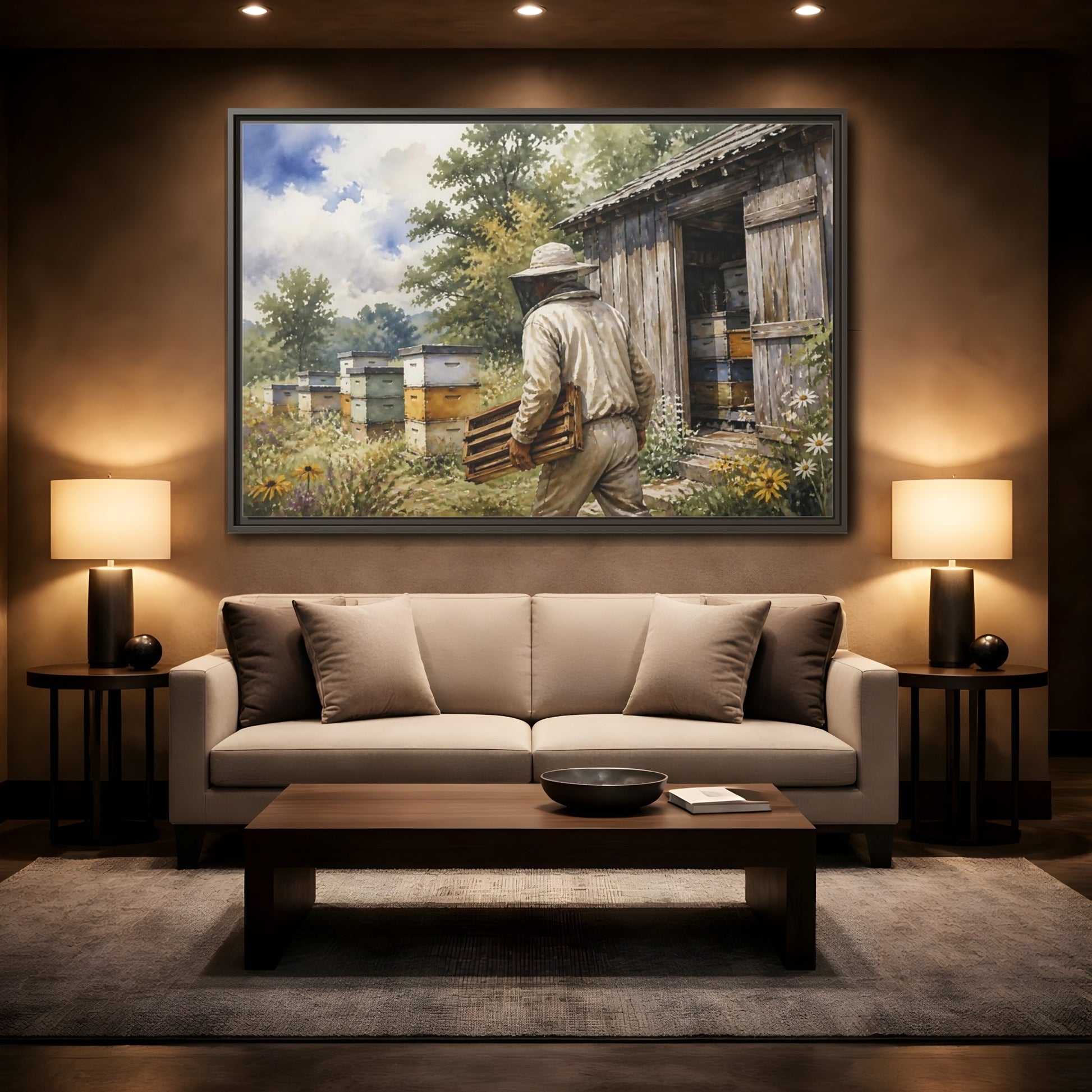 Mockup 2. Beekeeper At Honey Shed shown as framed canvas print