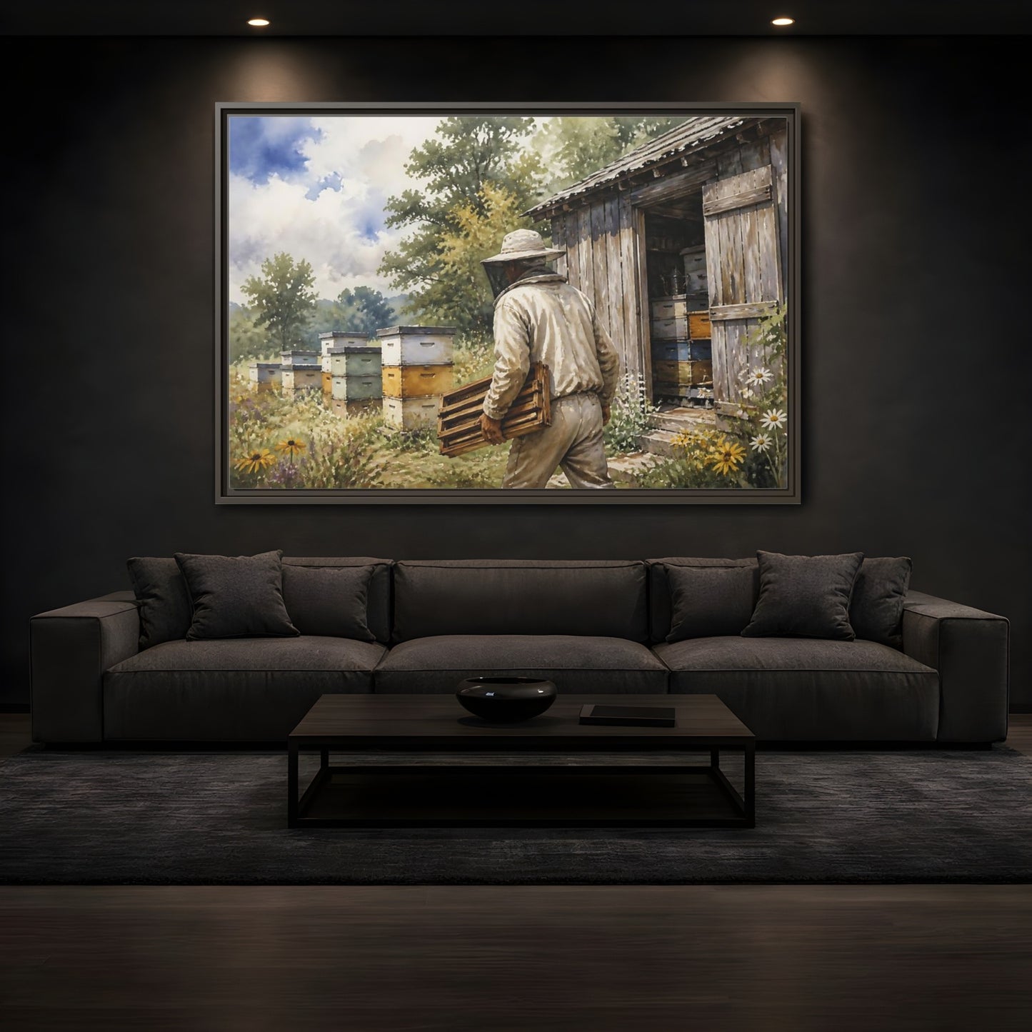 Mockup 3. Beekeeper At Honey Shed shown as framed canvas print