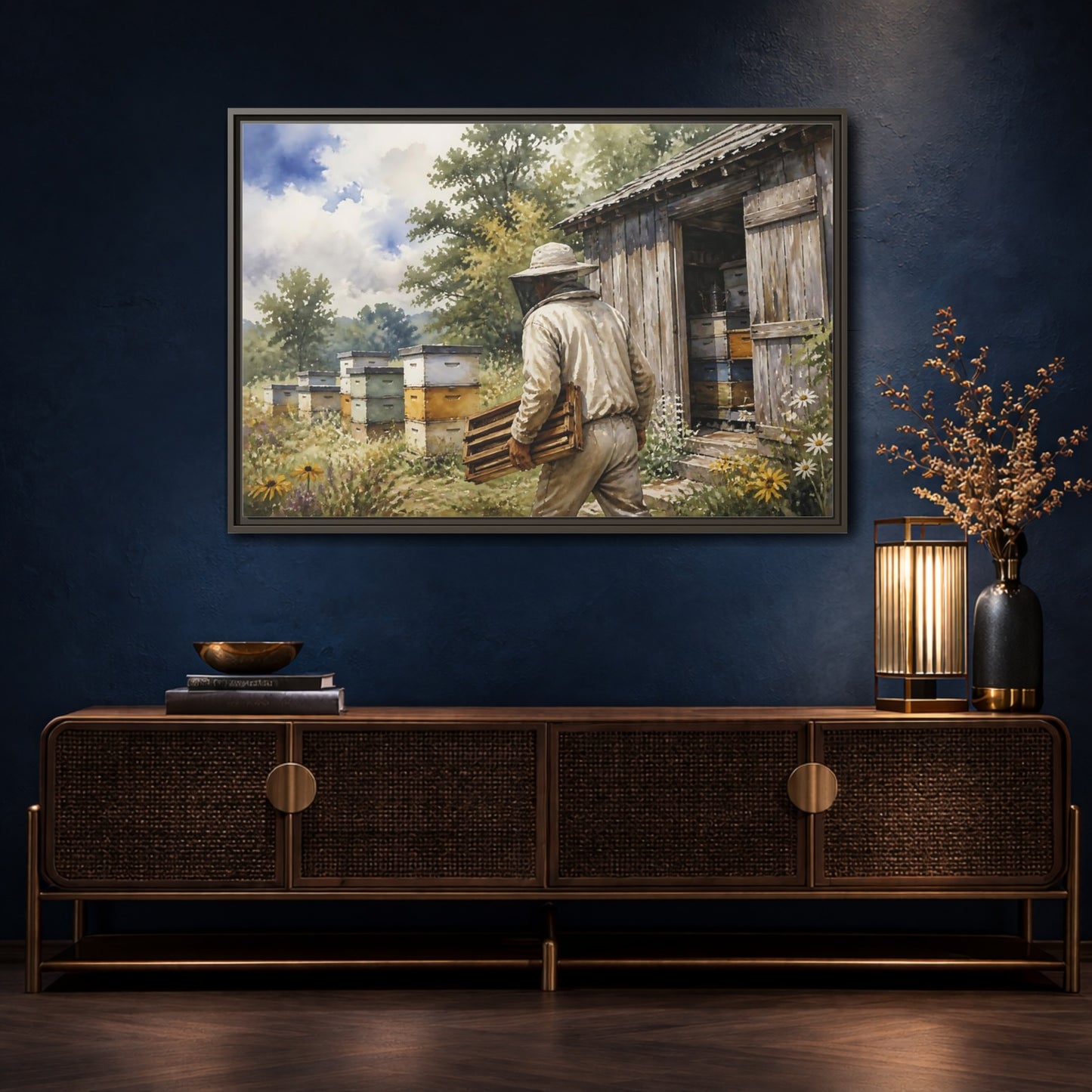 Mockup 4. Beekeeper At Honey Shed shown as framed canvas print