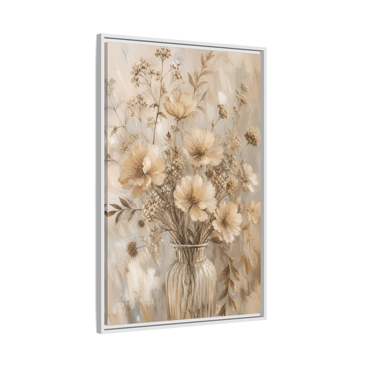 Side Mockup 9. Beige Flower Bouquet shown as framed canvas print