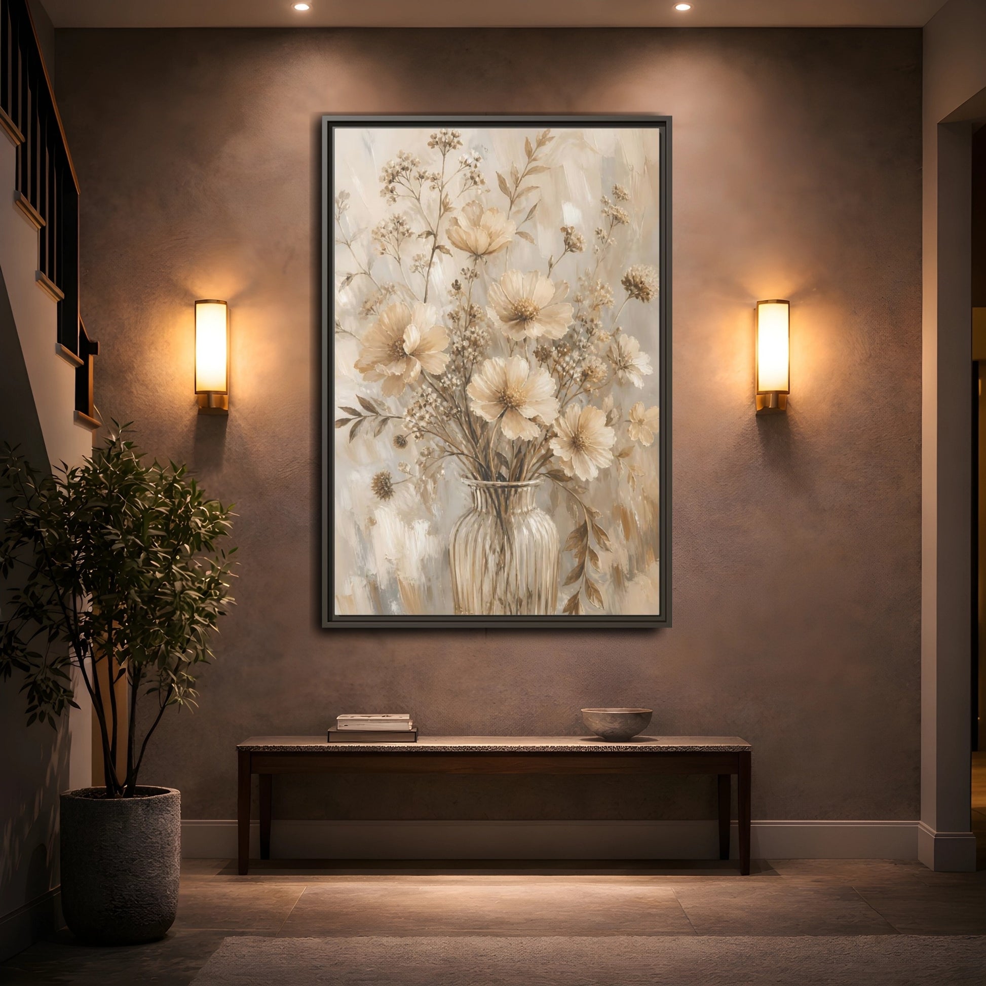 Mockup 2. Beige Flower Bouquet shown as framed canvas print