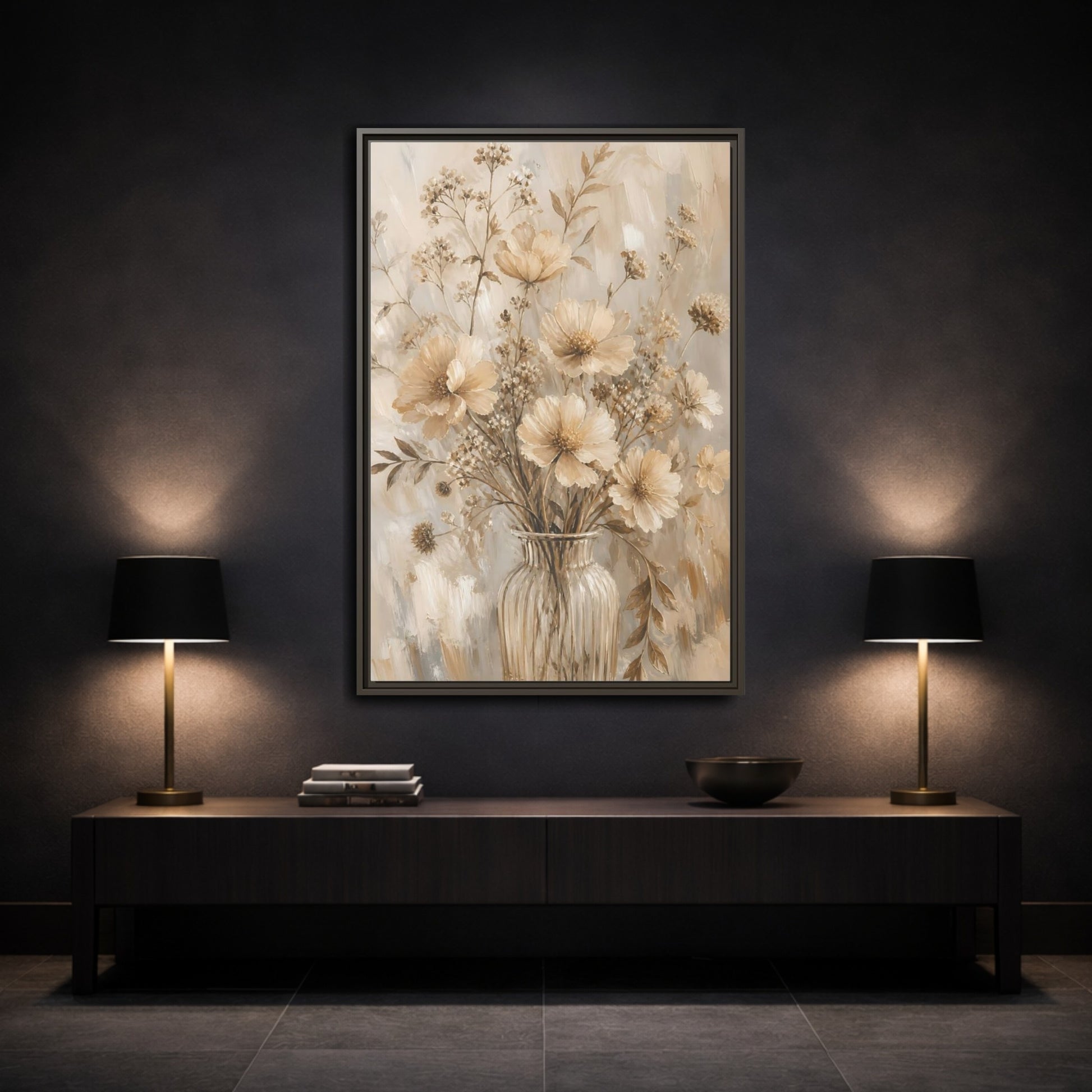 Mockup 3. Beige Flower Bouquet shown as framed canvas print