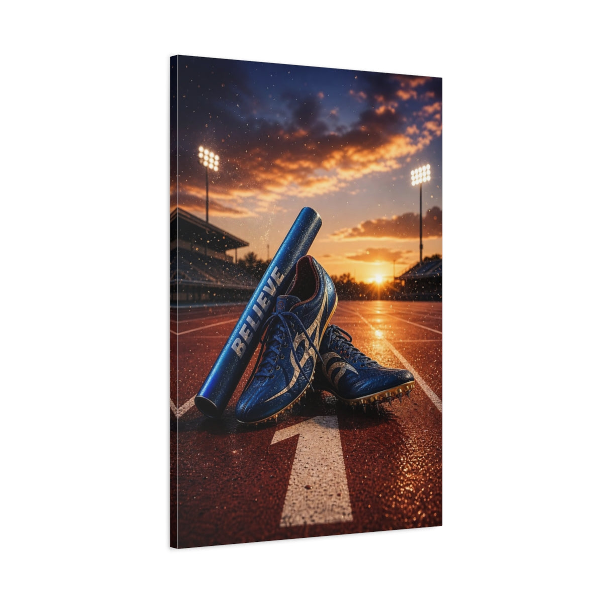 Main Mockup. Believe Sunset Track Spikes shown as canvas print