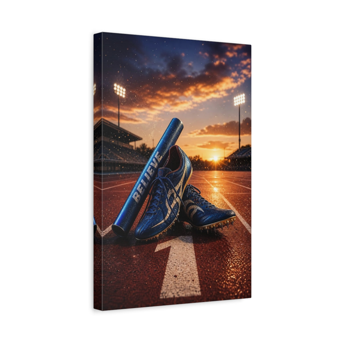 Side Mockup 4. Believe Sunset Track Spikes shown as canvas print