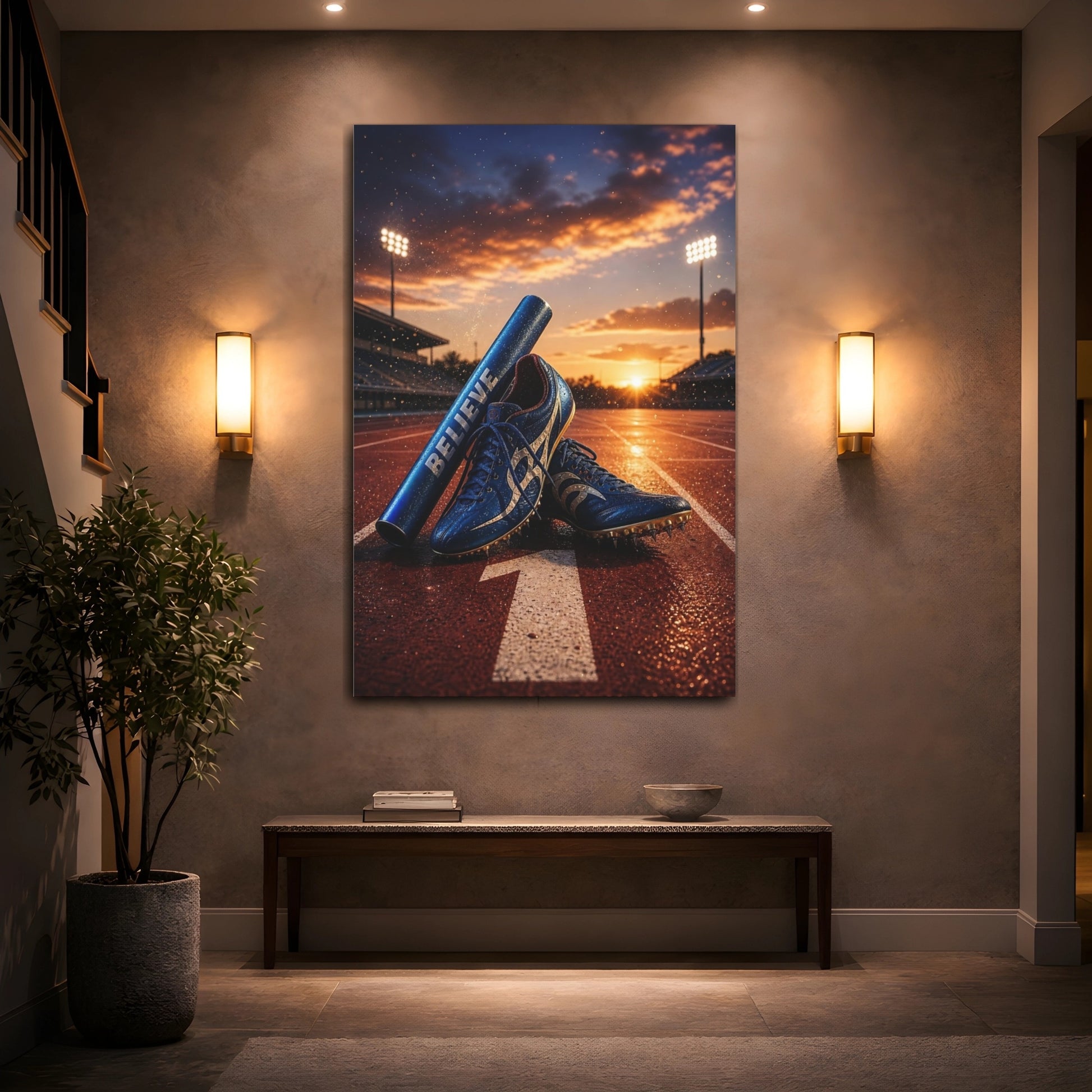 Mockup 2. Believe Sunset Track Spikes shown as canvas print
