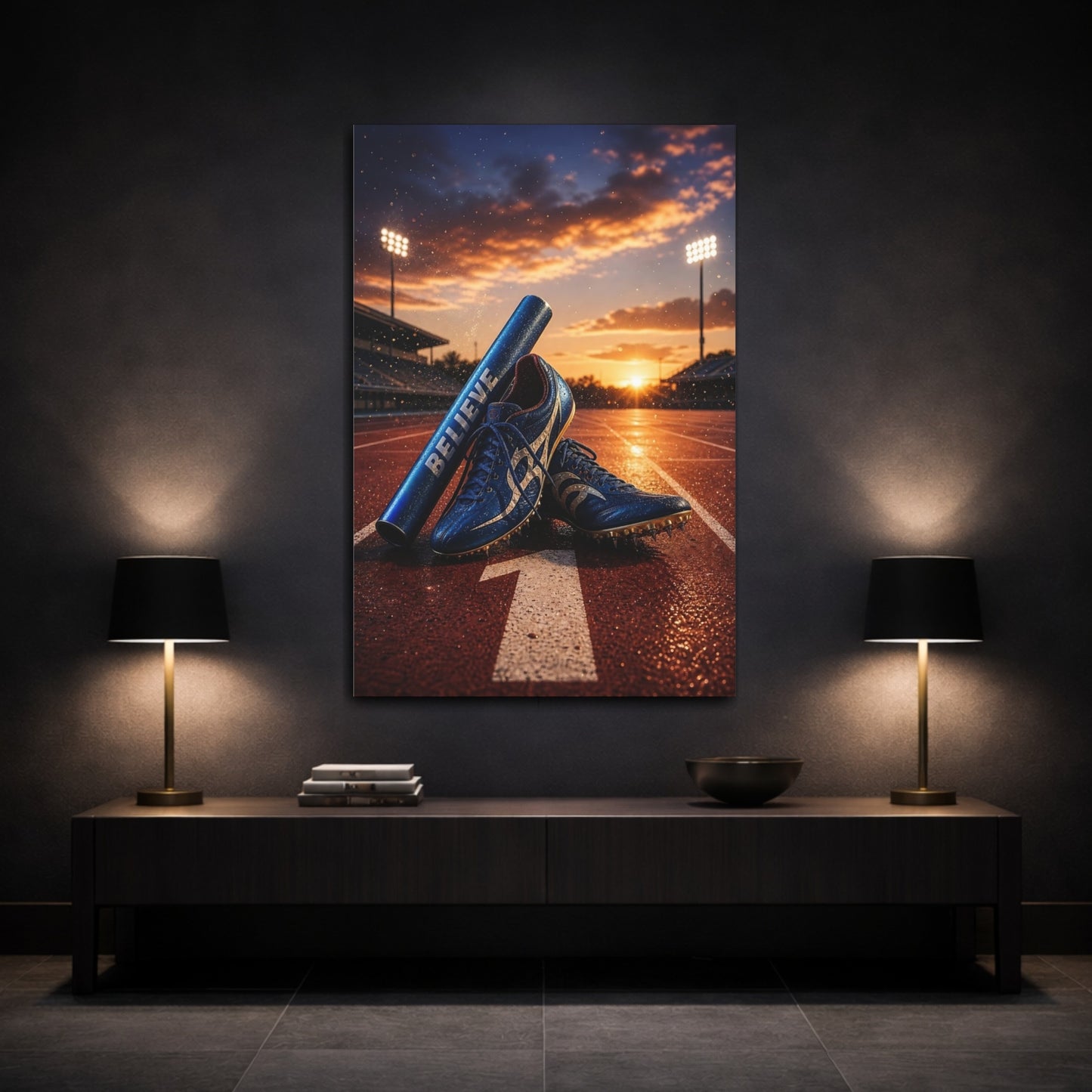 Mockup 3. Believe Sunset Track Spikes shown as canvas print