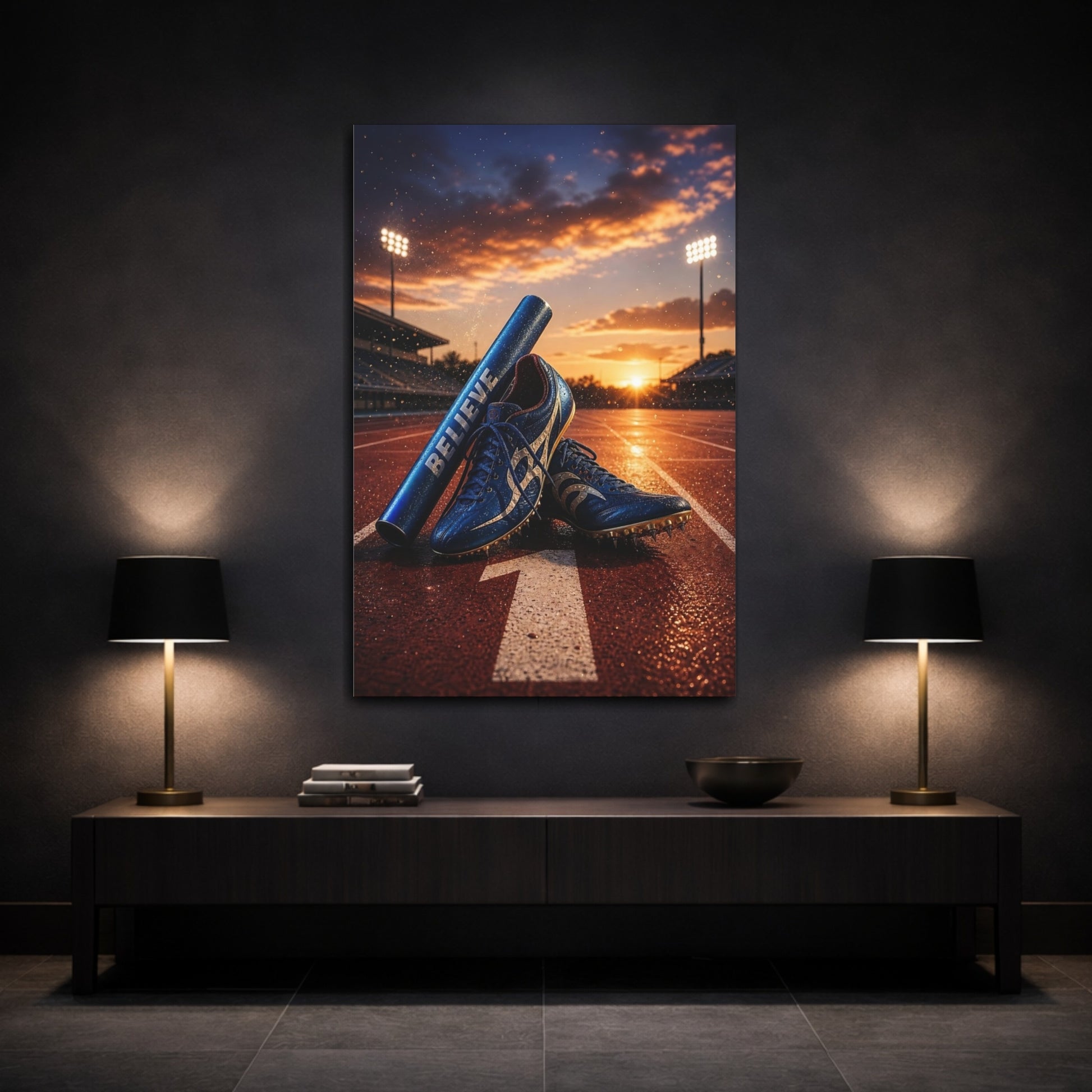 Mockup 3. Believe Sunset Track Spikes shown as canvas print