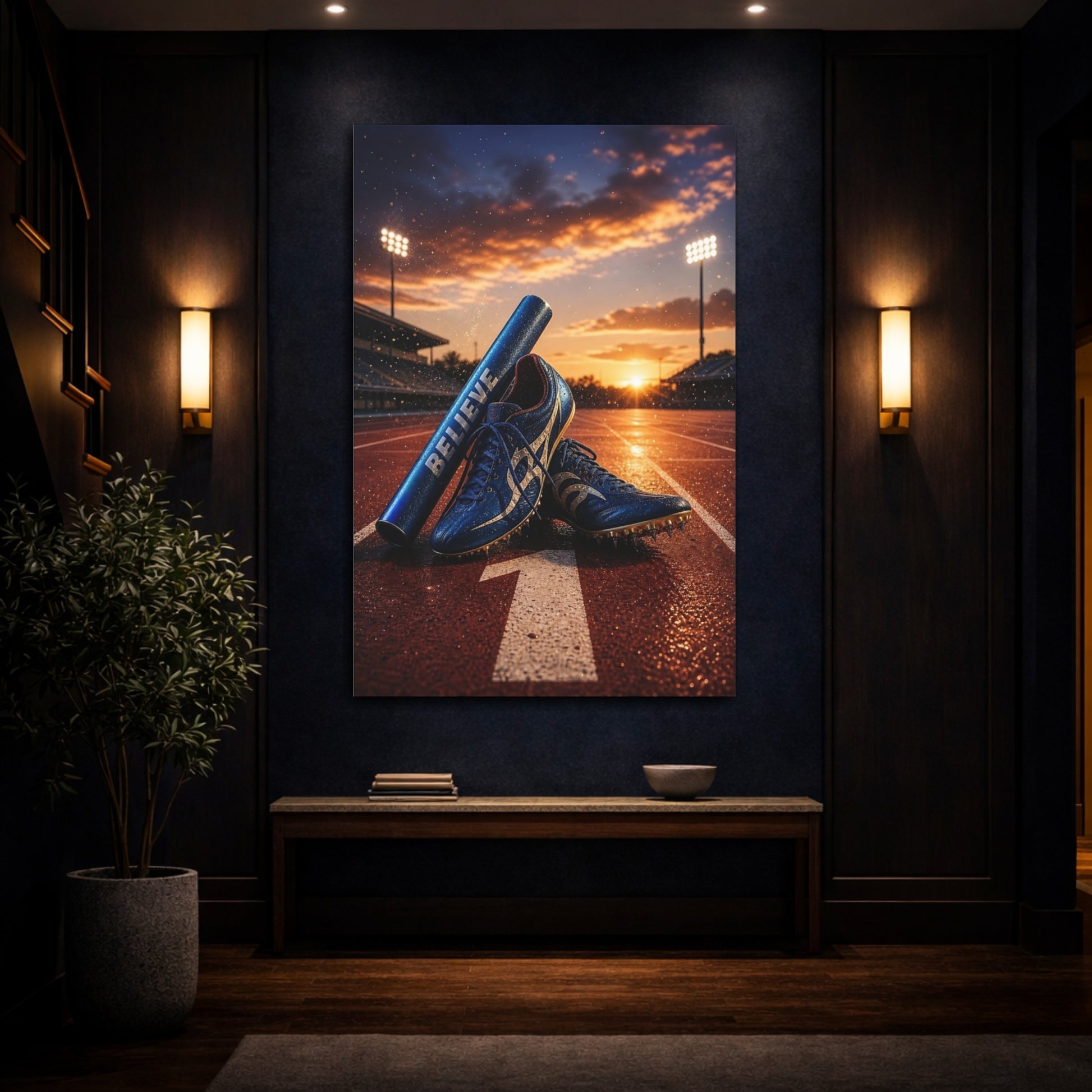 Mockup 4. Believe Sunset Track Spikes shown as canvas print