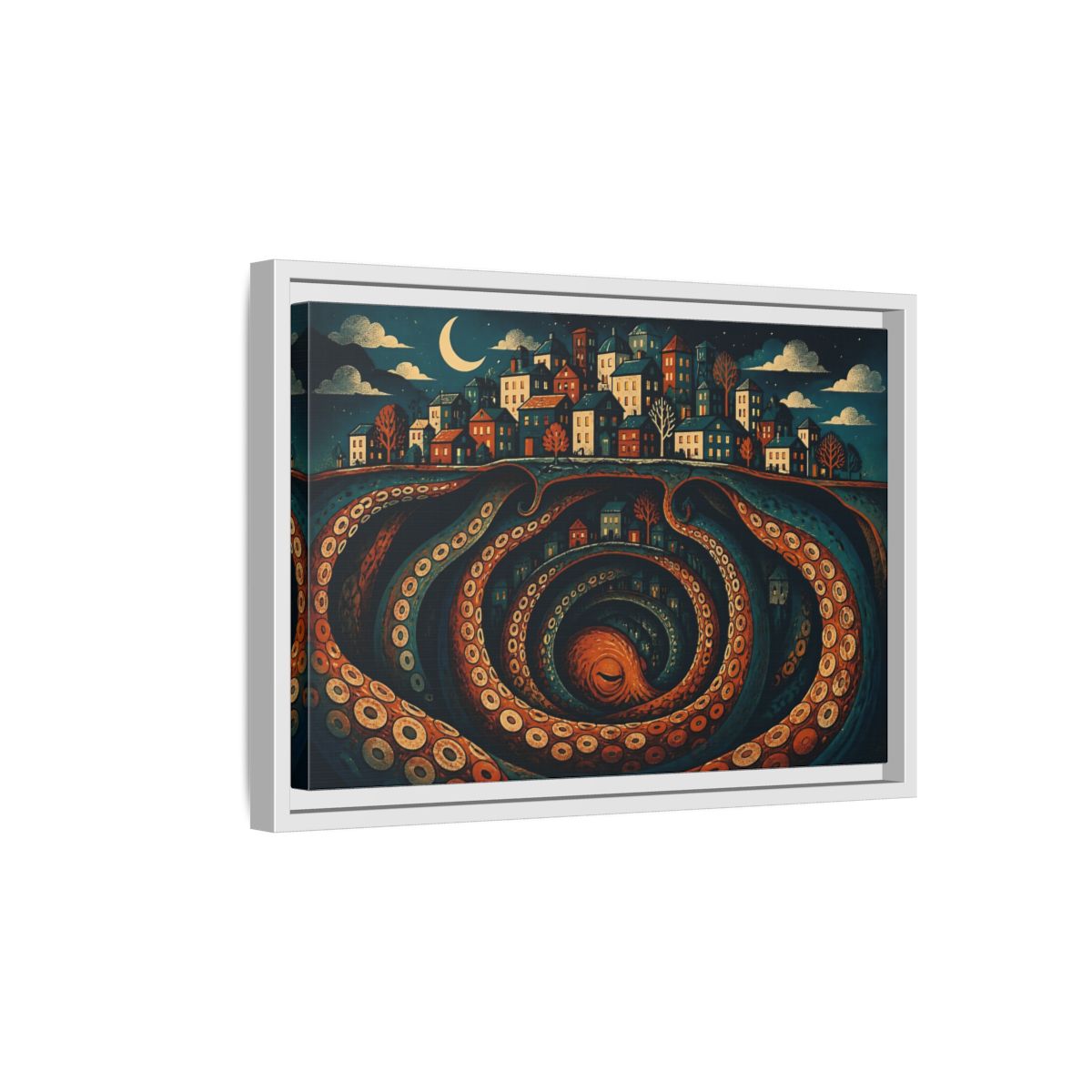 Side Mockup 4. Beneath The Sleeping City shown as framed canvas print