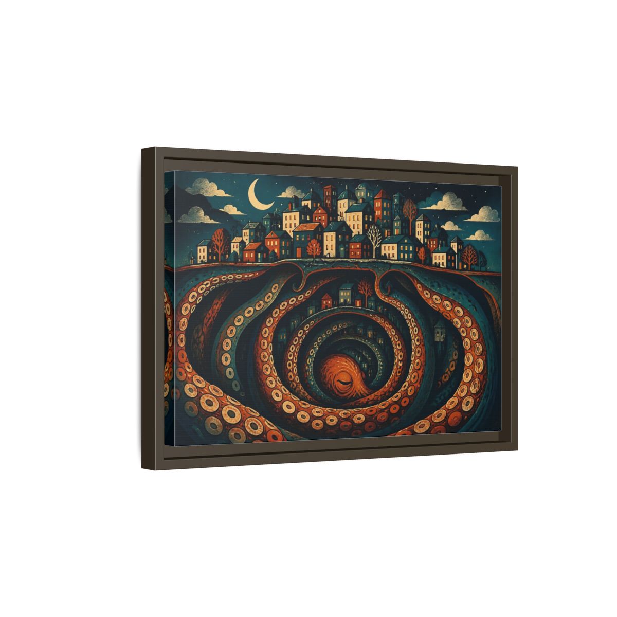 Side Mockup 5. Beneath The Sleeping City shown as framed canvas print