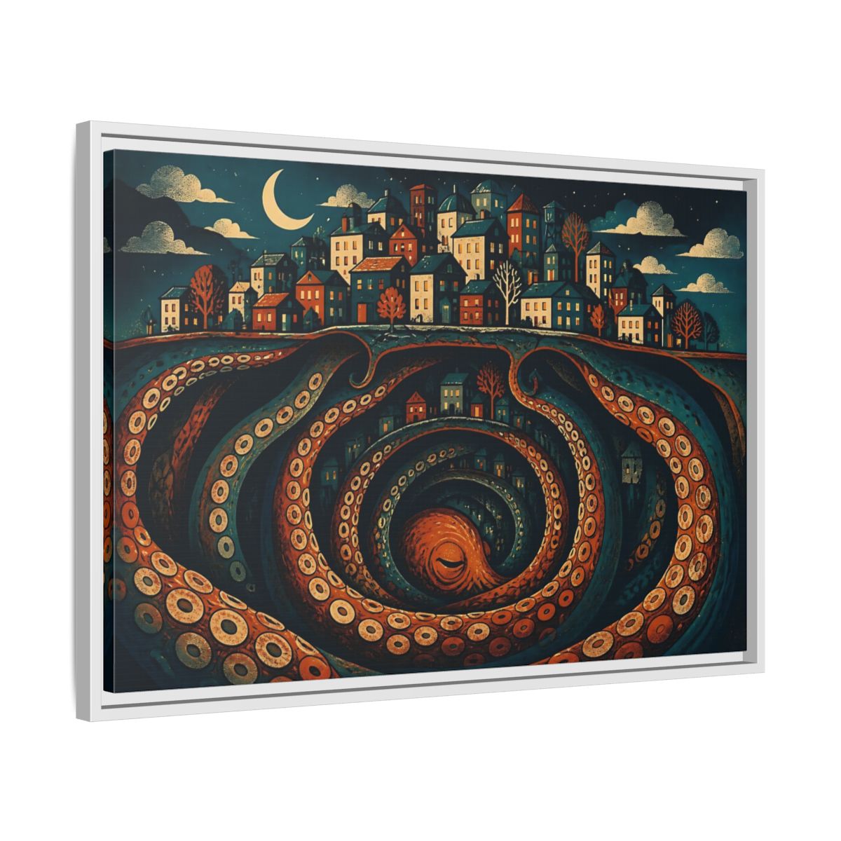 Side Mockup 10. Beneath The Sleeping City shown as framed canvas print