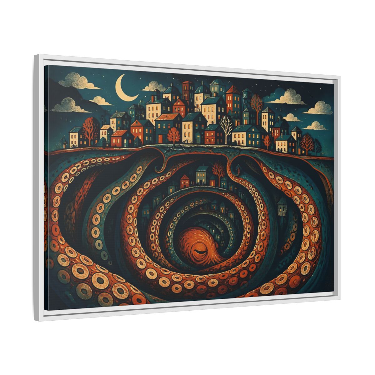 Side Mockup 9. Beneath The Sleeping City shown as framed canvas print