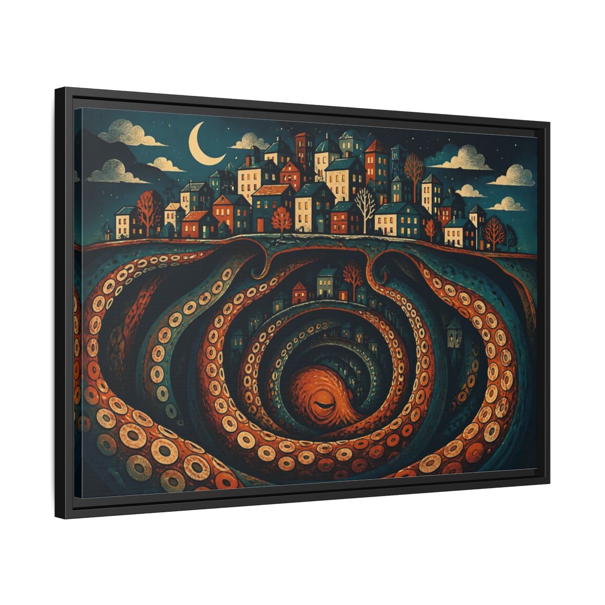 Side Mockup 14. Beneath The Sleeping City shown as framed canvas print