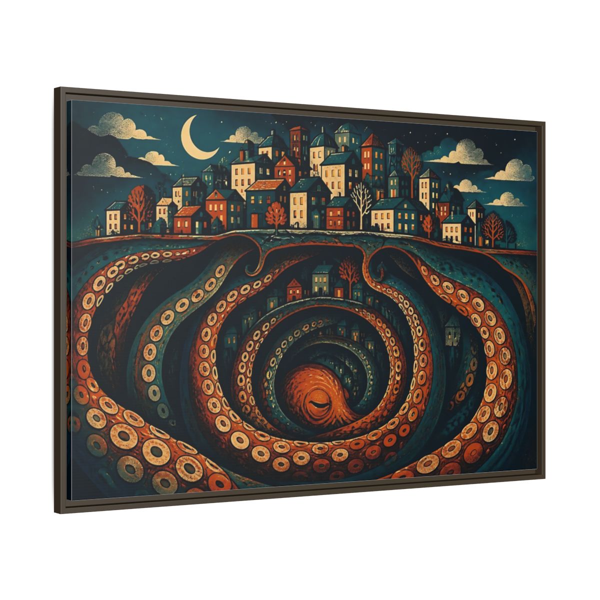 Side Mockup 8. Beneath The Sleeping City shown as framed canvas print