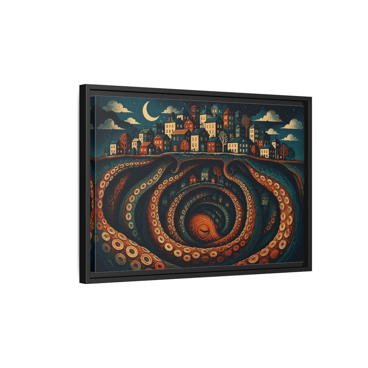 Side Mockup 3. Beneath The Sleeping City shown as framed canvas print