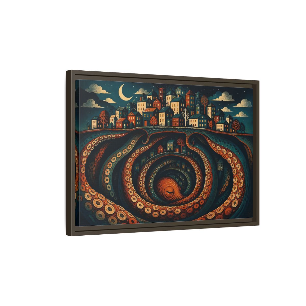 Side Mockup 2. Beneath The Sleeping City shown as framed canvas print
