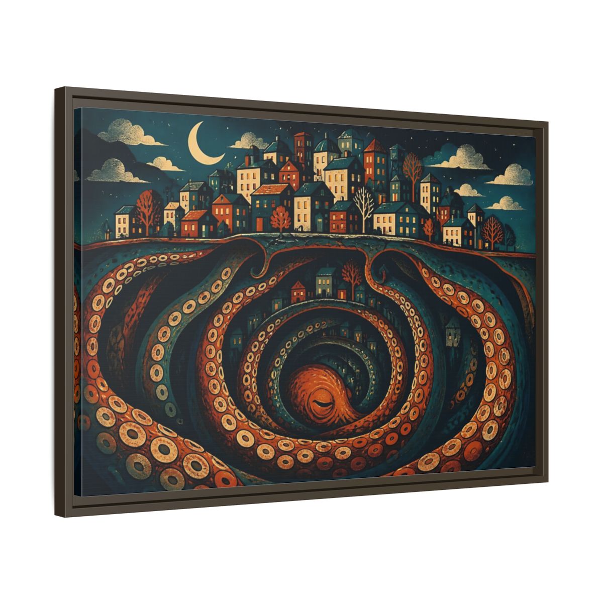 Side Mockup 11. Beneath The Sleeping City shown as framed canvas print