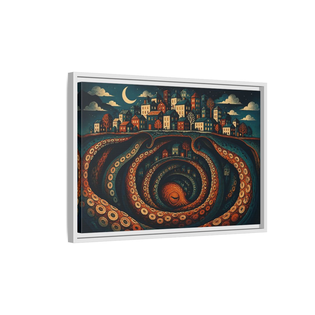Side Mockup 1. Beneath The Sleeping City shown as framed canvas print