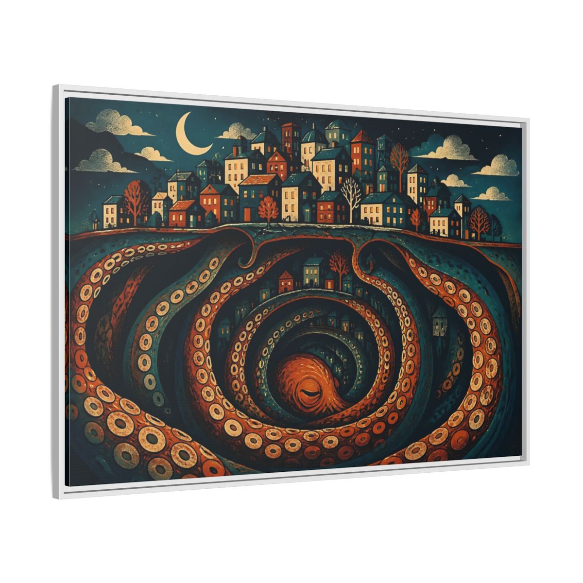 Side Mockup 7. Beneath The Sleeping City shown as framed canvas print