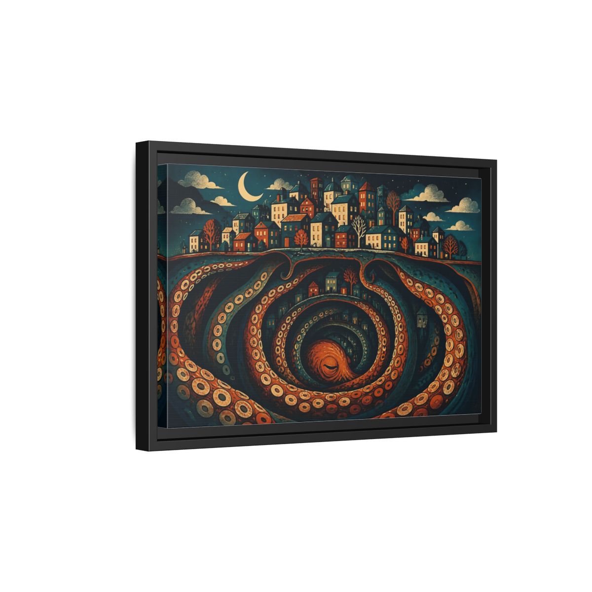 Side Mockup 6. Beneath The Sleeping City shown as framed canvas print