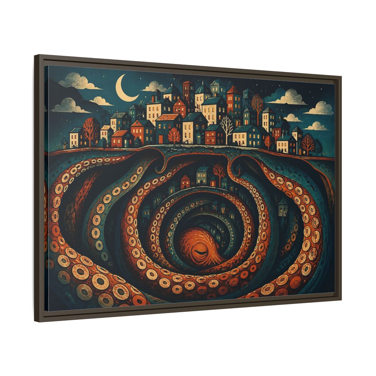 Main Mockup. Beneath The Sleeping City shown as framed canvas print