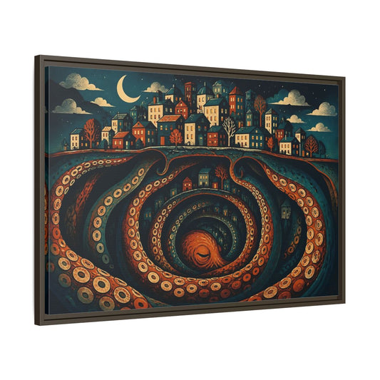 Main Mockup. Beneath The Sleeping City shown as framed canvas print