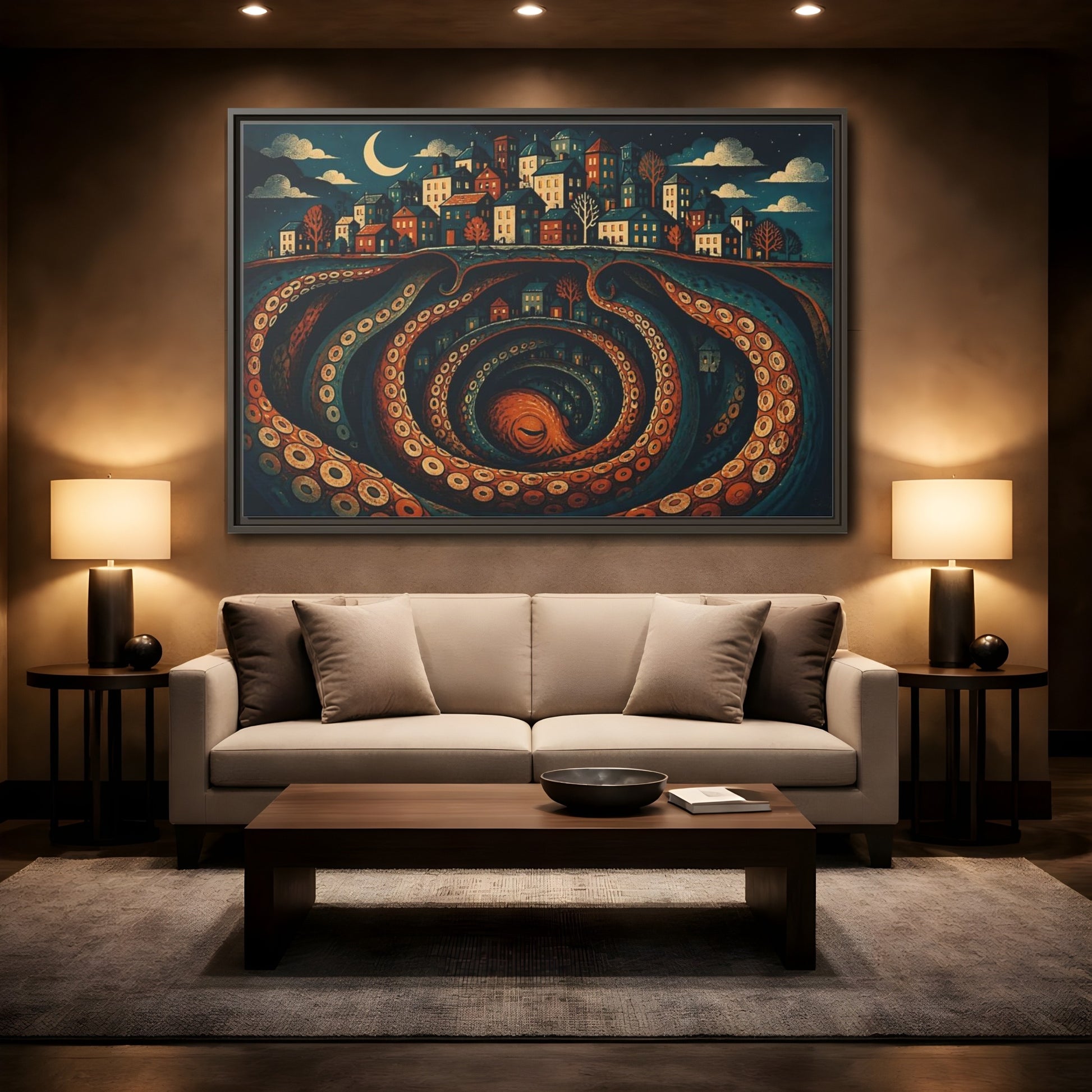 Mockup 2. Beneath The Sleeping City shown as framed canvas print