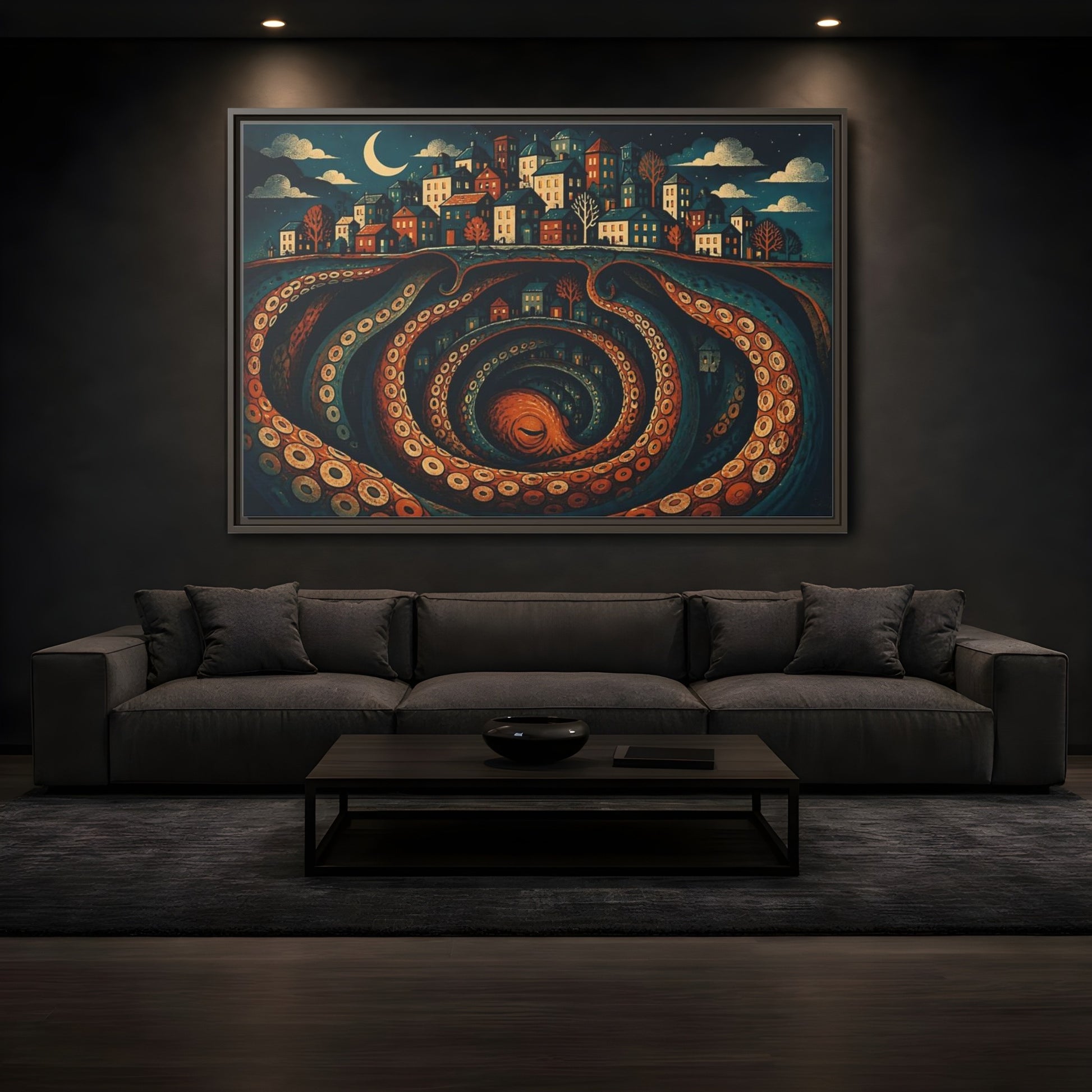 Mockup 3. Beneath The Sleeping City shown as framed canvas print