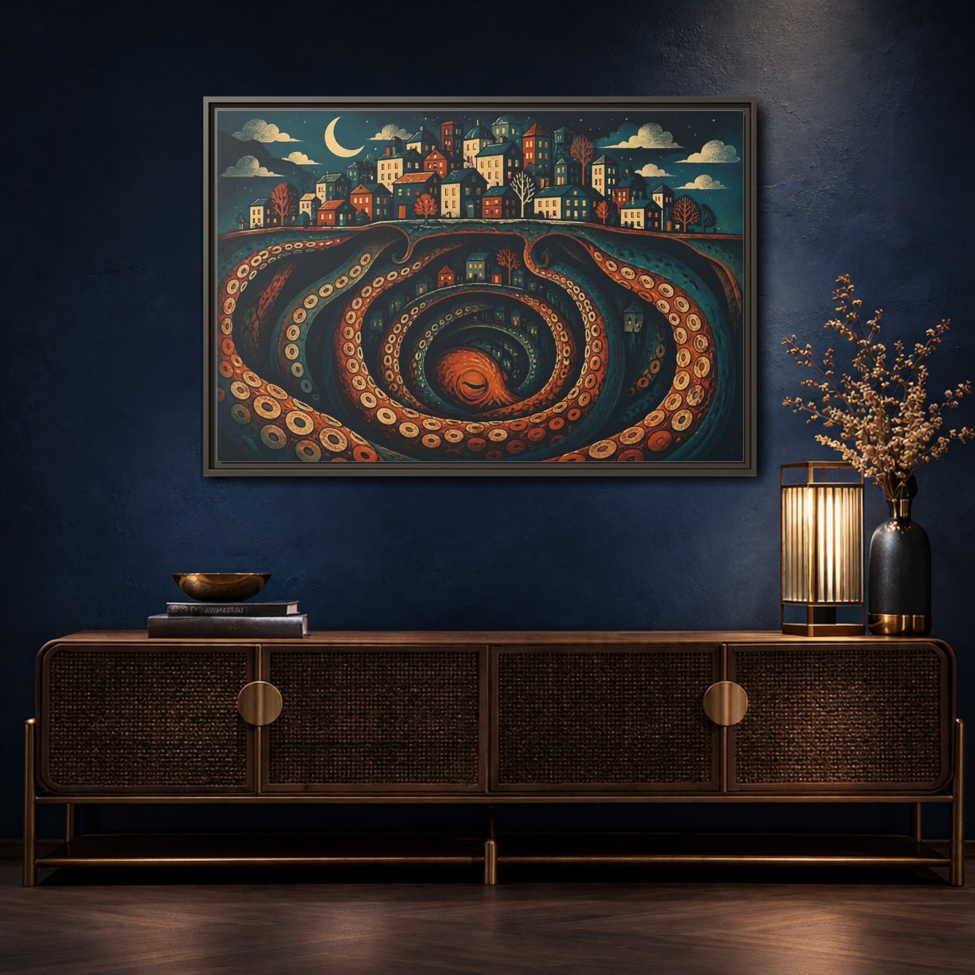 Mockup 4. Beneath The Sleeping City shown as framed canvas print