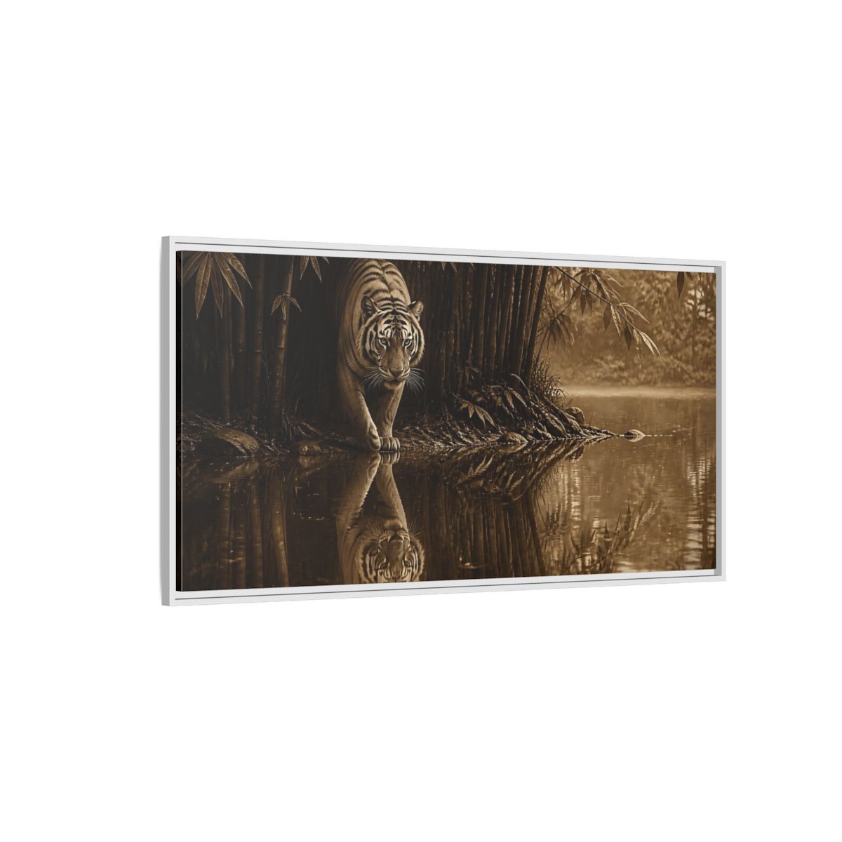 Side Mockup 3. Bengal Tiger By Water shown as framed canvas print
