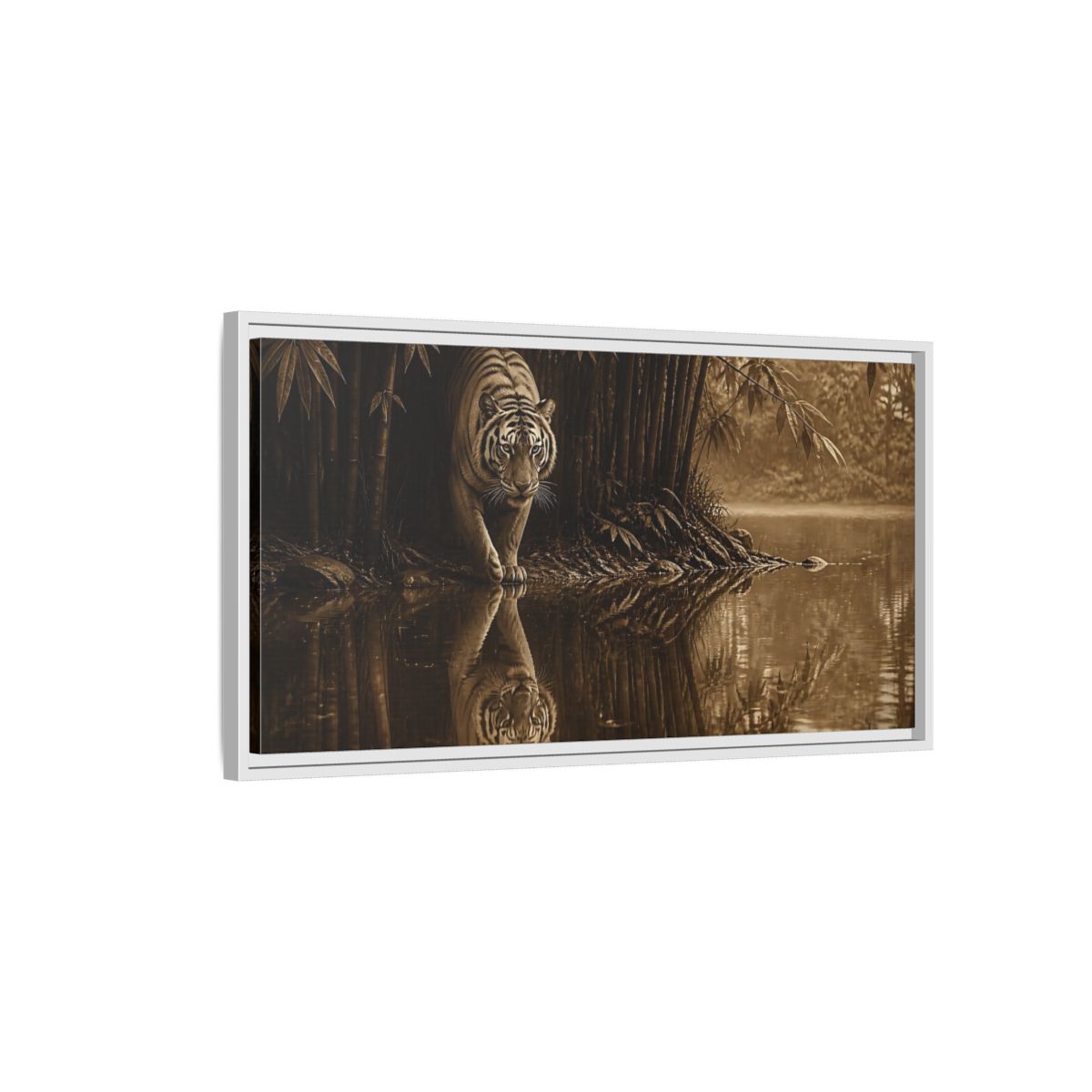 Side Mockup 1. Bengal Tiger By Water shown as framed canvas print