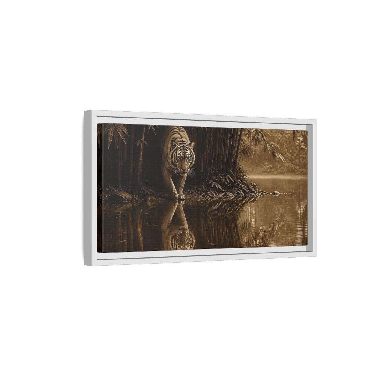 Side Mockup 6. Bengal Tiger By Water shown as framed canvas print