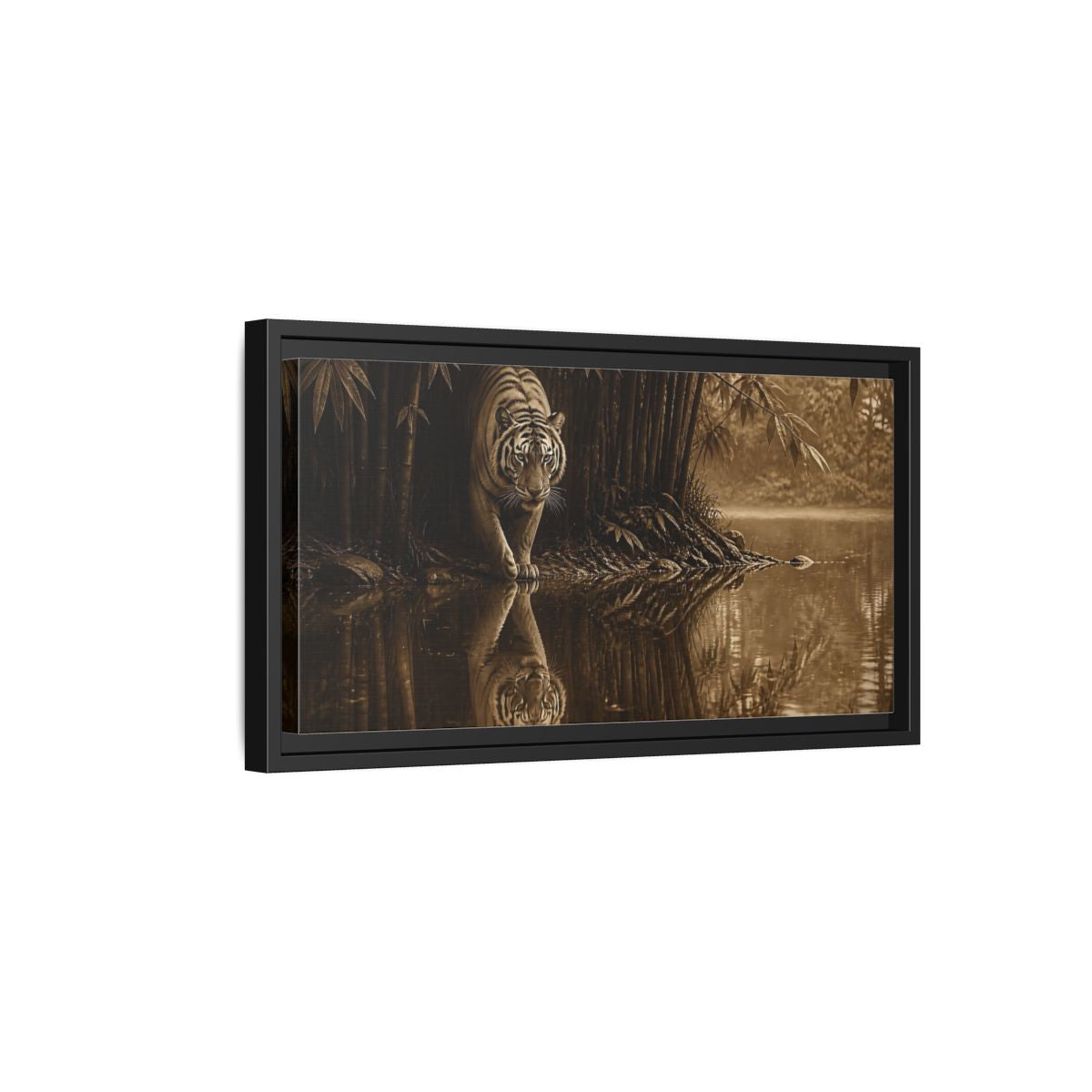 Side Mockup 8. Bengal Tiger By Water shown as framed canvas print