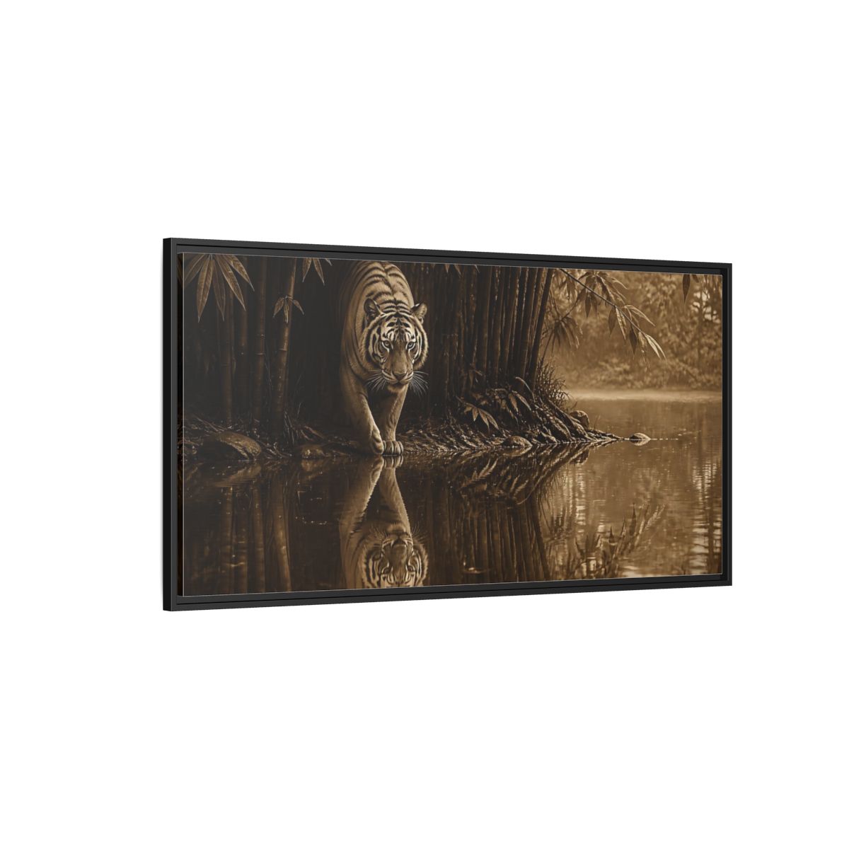 Side Mockup 5. Bengal Tiger By Water shown as framed canvas print
