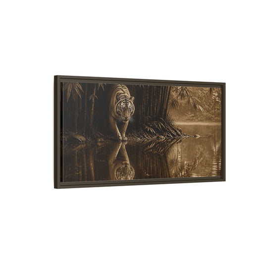 Main Mockup. Bengal Tiger By Water shown as framed canvas print