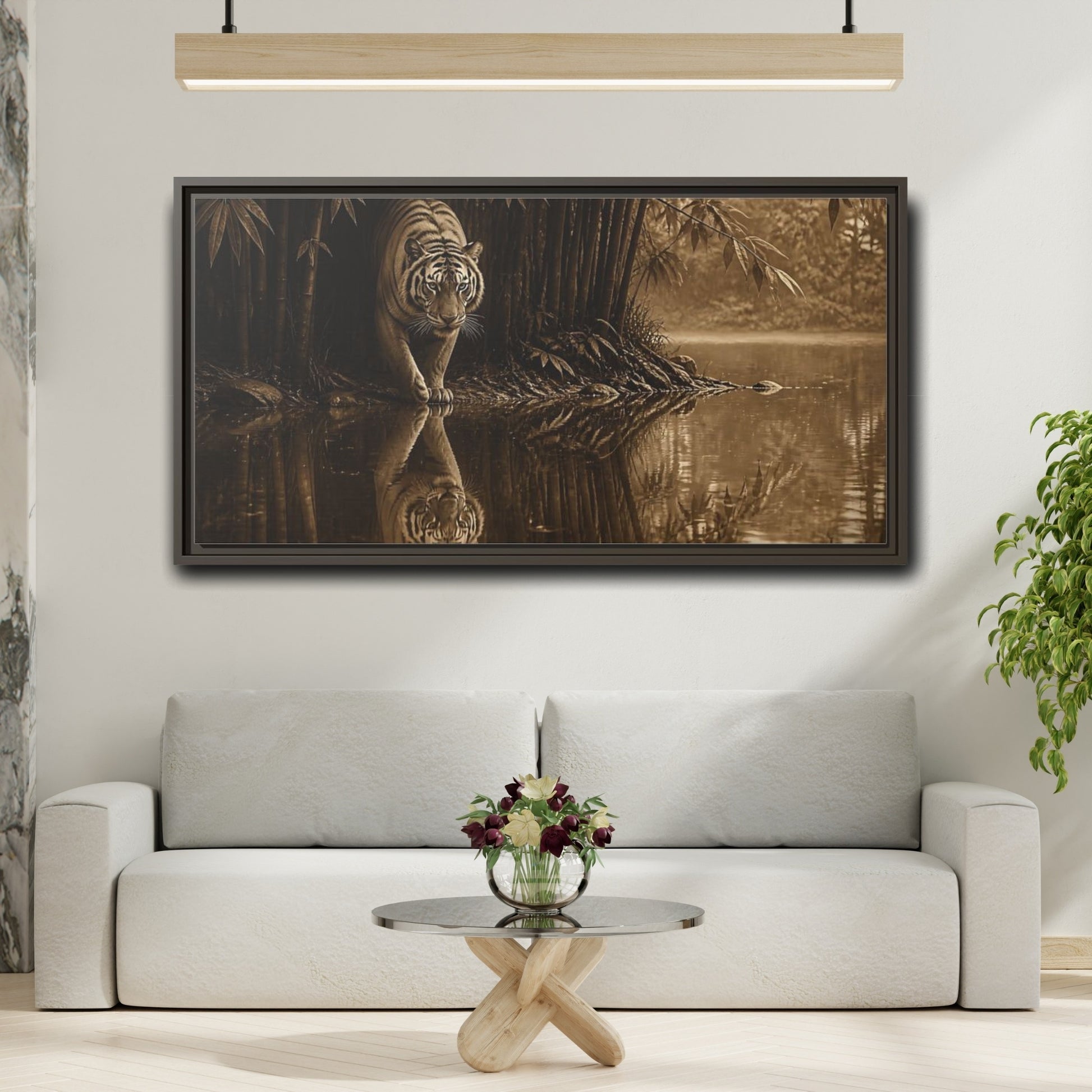 Mockup 2. Bengal Tiger By Water shown as framed canvas print