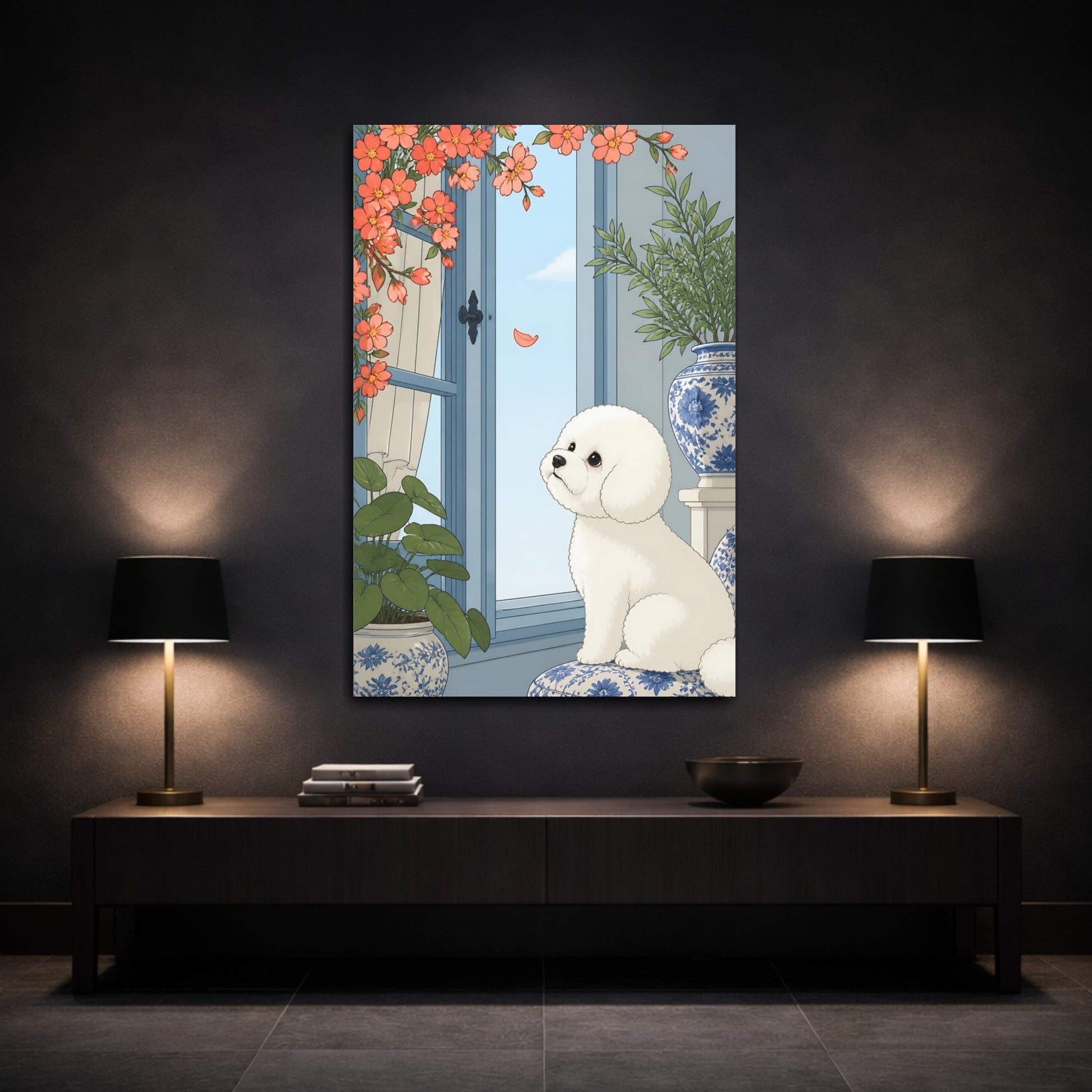Mockup 3. Bichon Pet Window Scene shown as canvas print