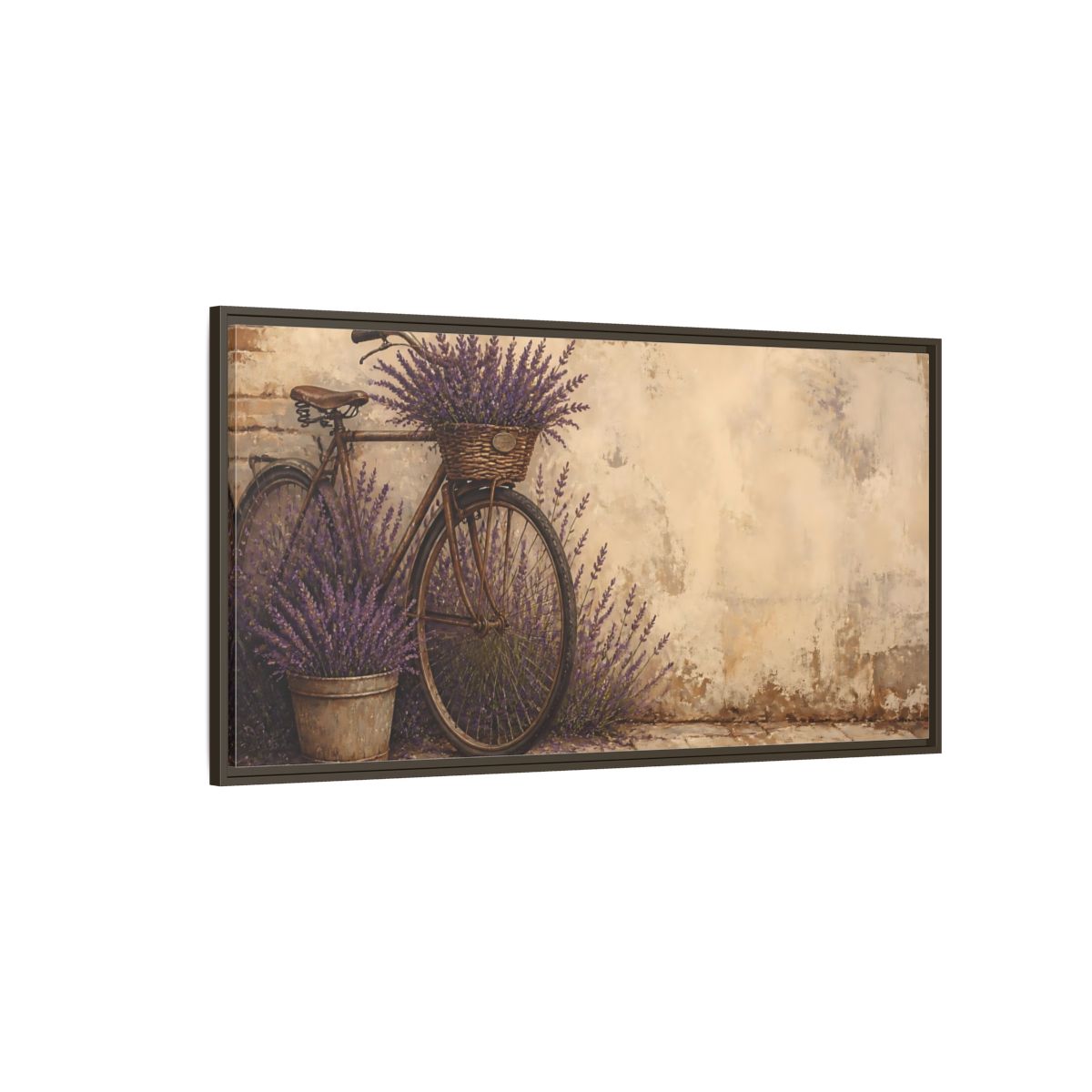 Side Mockup 4. Bicycle With Lavender Basket shown as framed canvas print