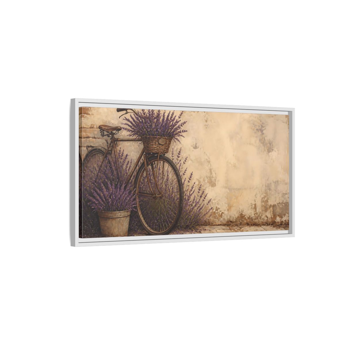 Side Mockup 1. Bicycle With Lavender Basket shown as framed canvas print
