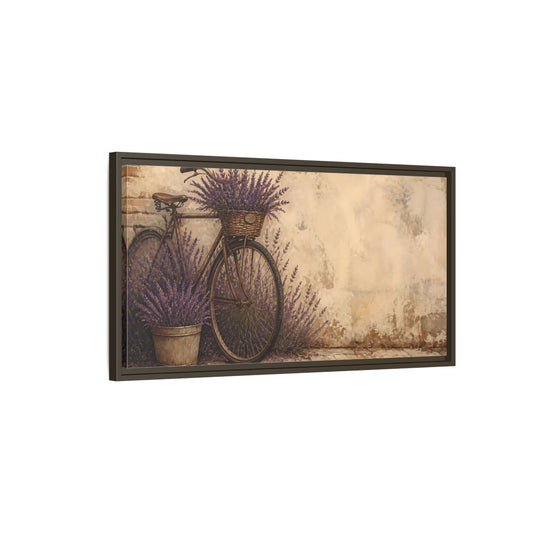 Main Mockup. Bicycle With Lavender Basket shown as framed canvas print